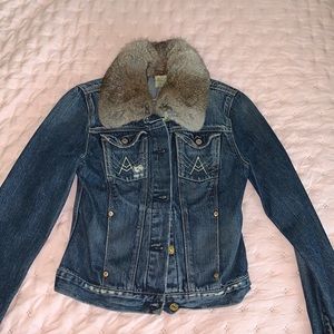 7 For All Mankind Blue Denim Jacket with Brown Fur Collar